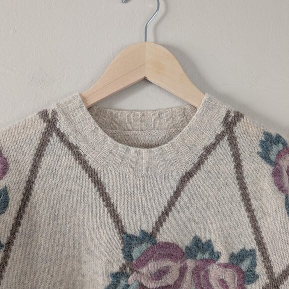 Wool Blend Embroidered Floral Cottagecore Sweater - Beige‎ Diamond Pattern - Picture 9 of 9